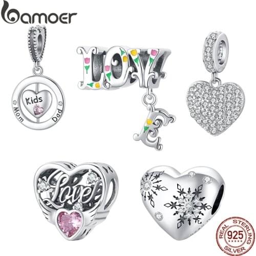Bamoer 925 Sterling Silver Three-dimensional Letters LOVE Charm Flower Snowflake Love Family for Bracelet Women DIY Fine Jewelry