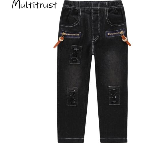 Multitrust Baby Boy Pants Fashion Black Ripped Elastic Waist Soft Pants With Pocket Boys Hole Trousers