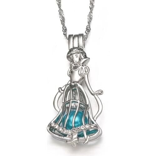 Harong Princess Snow White Necklace Pearl Cage Pendant Necklace Stainless Steel Cute Princess Christmas Jewelry Party Women Gift