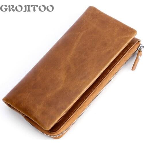 GROJITOO Mens Long Wallet with first layer leather leather, fashion hand bag large capacity wallet simple buckle zipper purse
