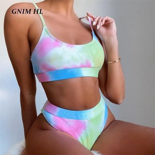 GNIM Sexy Tie-Dye Printed Bandeau Bikini Mujer 2021 Summer Swimwear Women Push Up 2 Pieces High Waist Brazilian Swimsuit Biquini