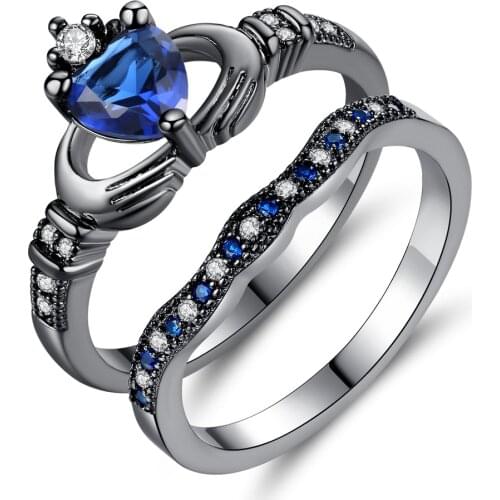 JFCOO Dual ring/Set Black Color Hand Holding Blue- Heart Crown Zircon stone For Women Micro CZ Jewelry Rings Dropshipping
