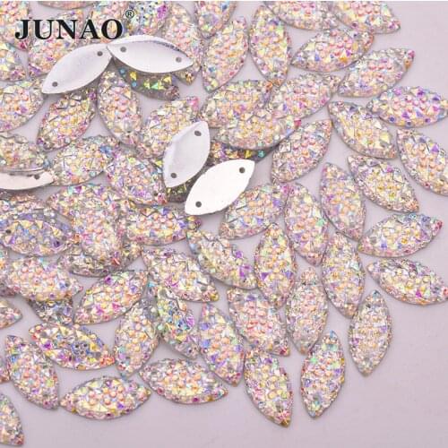 JUNAO 7*15mm 100pcs Shine Crystal AB Color Sew On Horse Eye Rhinestone Sewing Crystal Stones for DIY Garment Jewelry Crafts