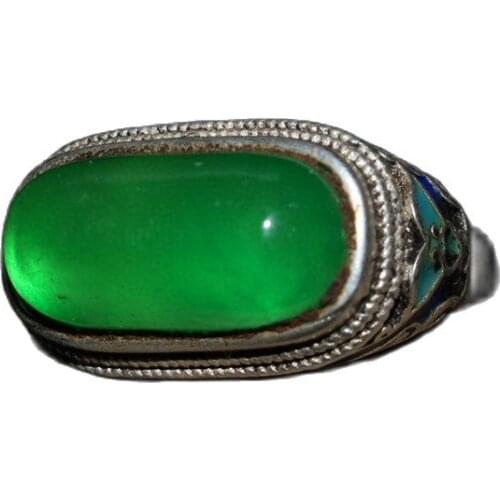 China Old Tibetan Silver Cloisonne Jade Inlaid Rectangular Ring