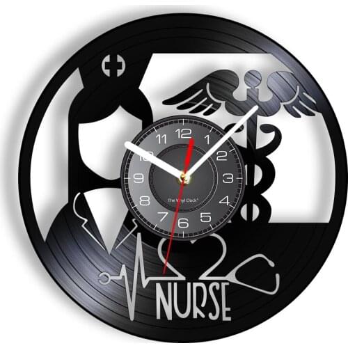 Nurse Angel Sign Greatness Caduceus Vinyl Record Wall Clock Practitioner Home Decor Timepieces Silent Medical Professional Gift