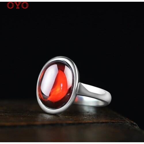 International Standard S925 Silver Ring Female Thai Silver Vintage Old Classic Oval Garnet Lucky Silver Ring