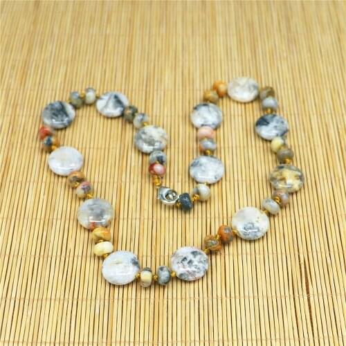 Fashion Handmade Bohemian Necklace Natural Gemstones Crazy Agates Larger Flat Round Necklace Lariat Beaded Knotted Necklace 45cm