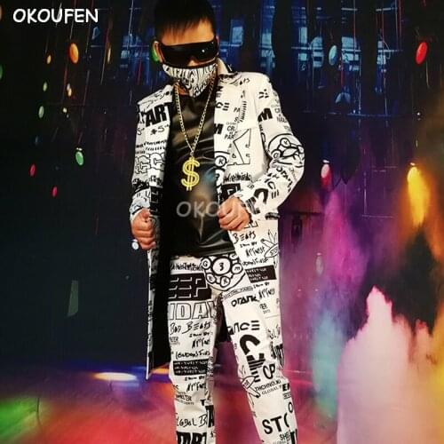 Fashion New black white letters print Mid-long suits Man Casual Graffiti Suit Nightclub singer DJ stage hairdresser tide suit