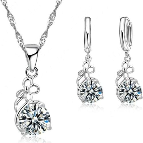 925 Sterling Silver Necklace Earrings Set Sweet Style Bow Decorated With Crystal Stone Cubic Zirconia Modeling For Girl