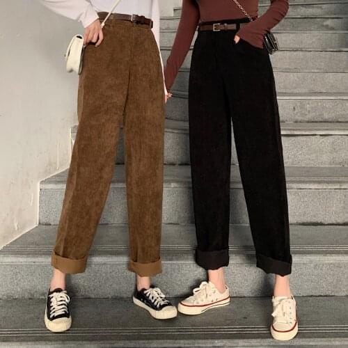 New 2021 High Waist Corduroy Wide Leg Pant Women Vintage Full Length Trousers With Belt Woman Loose Casual Bottoms Pants Mujer