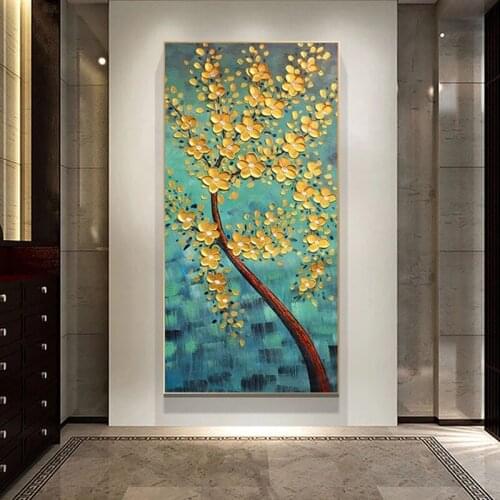 Yellow New Chinese Style Rich Tree Plant Canvas Painting Flower Posters Prints Wall Art Pictures for Living Room Decoration