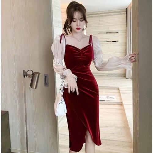 2021 New Red Gold Velvet Dress Foreign Style Autumn and Winter Temperament Bubble Sleeves Hepburn Wind Little Red Dress