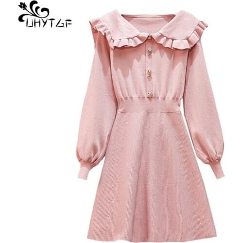 UHYTGF New Autumn winter Sweater Dress Women Fashion Knit Pullover Sweater Dresses Plus size Doll collar Knit Sweater Women X753