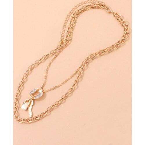 Origin Summer Double Layer Gold Color Key Lock Pendant Necklace for Women Unique Design Hollow Out Rhinestone Necklace Jewelry