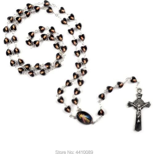 Heart Alloy Jesus Catholic Rosary Mixed Religious Saint Figures Beads Necklace Woman