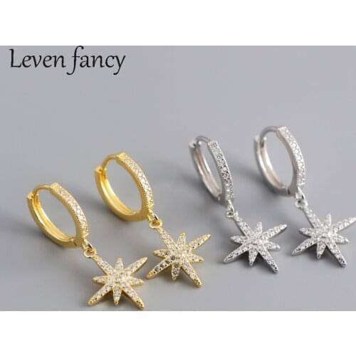 Gold Shinny Octagonal Star S925 Sterling Silver Drops Charm CZ Zircon Star Earrings Circle Hoop Huggie Earrings