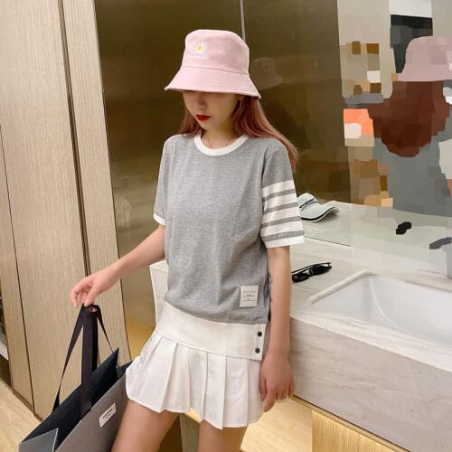 THOM Brand Women T-Shirt O-Collar Cotton Striped Top Casual Fashion Korean Girl Street Wear Short Sleeve High Quality