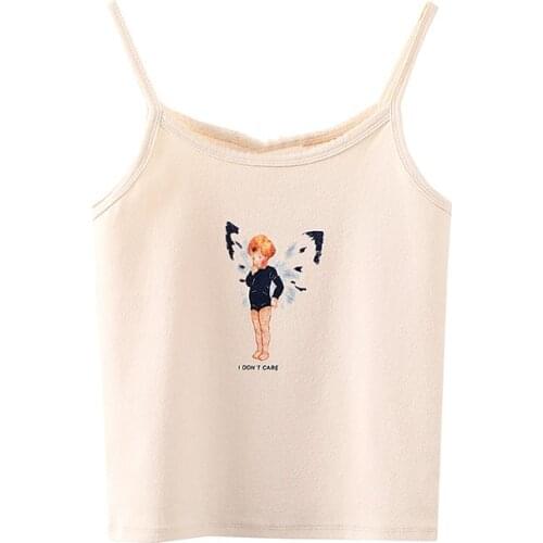 Slim Girls Soft Cotton O Neck Camis 2021 Summer Fashion Ladies Vintage Casual Women Angel Elf Skin-friendly Camisole Top