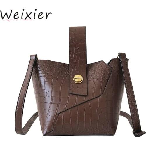 WEIXIER Fashion Female Tote bag Quality PU Leather Womens Designer bag Alligator Bucket bag Shoulder Messenger Bag LL-89