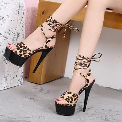 Womens Shoes Nightclub Ladies Sandals Leopard-print Suede Ankle Straps15 cm High heels Sexy Catwalk Dancer Slippers Pole Dance