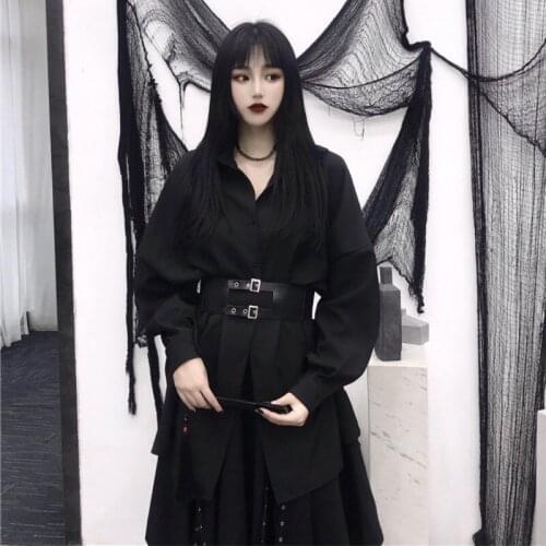 Women Blouse Punk Black Vintage Gothic Shirts Long Sleeve Turn-Down Collar Female Shirt Top Blusas With Belt + skirt 2 piece set