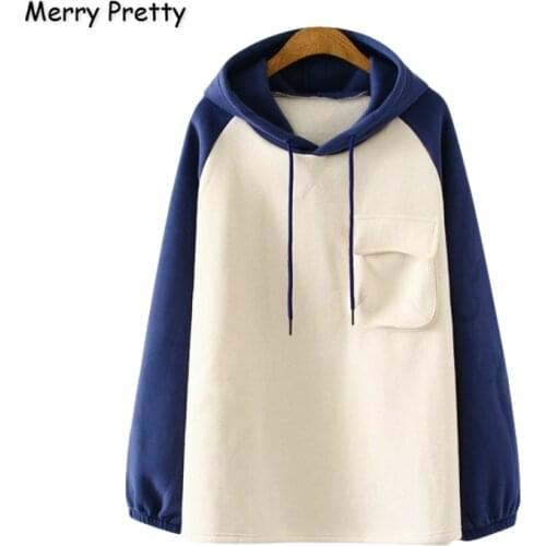 Merry Pretty Womens Contrast Color Patchwork Hooded Sweatshirts 2020 Winter Long Sleeve Pockets Drawstring Loose Pullovers