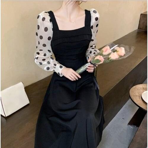 2021 Autumn Vintage Midi Dresses Women Party Dot Design Elegant Korea Dress Fashion Long Sleeve Y2k Pure Color Dress Females