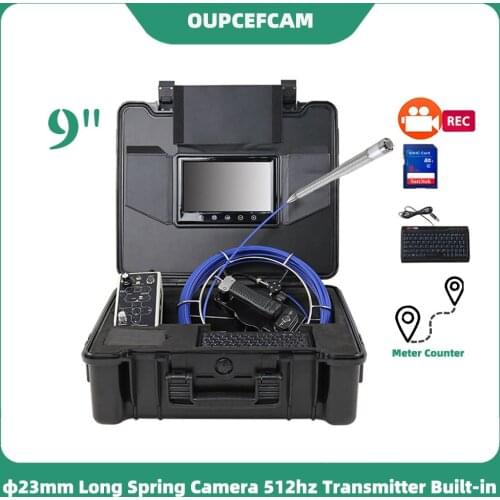23mm Long Spring Camera 512hz Transmitter Built-in Drain Pipe Inspection Endoscope 9" Touch Screen DVR Keyboard Meter Counter