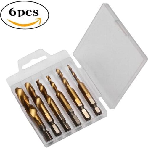 6pcs High-speed Steel Hex Shank 3-in-1 Composite Tap M3-M6 Drilling Tapping and Chamfering Spiral Tap For Machine