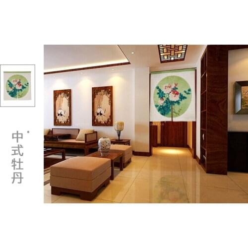 Ink painting Chinese peony flower window blind water Japanese living room half curtain cotton and linen porch decoration