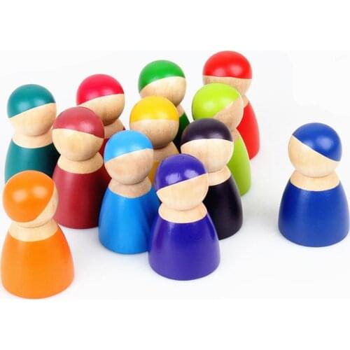 Baby Wooden Toys Grimms Set of 12 Rainbow Friends Peg Dolls Wooden Pretend Play People Figures Doll Colorful Blocks Toys Gift