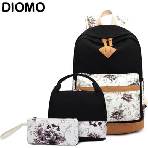 DIOMO School Backpack for Girls School Bags Set for Middle School Students Female Floral Canvas Zipper Traveling Bagpack