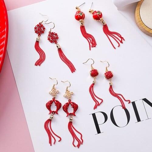 Classic Red Tassel Drop Earrings For Women Chinese Style Lantern Fish Rhinestone Alloy Fashion Ears Jewelry Accessories