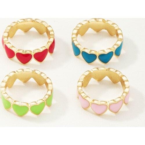 AOMU 2021 Korea Fashion Colorful Drip Glaze Heart Metal Gold Color Rings for Women Girls Party Jewelry Gifts New Geometric Rings