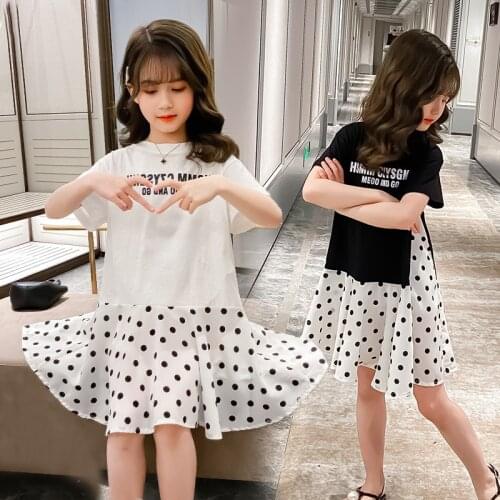 Summer Girls T shirts Dress Lace Teen Kids Dot Princess Dress Short Sleeve Little Girl Sport Dress teenager 6 7 8 9 10 12 years
