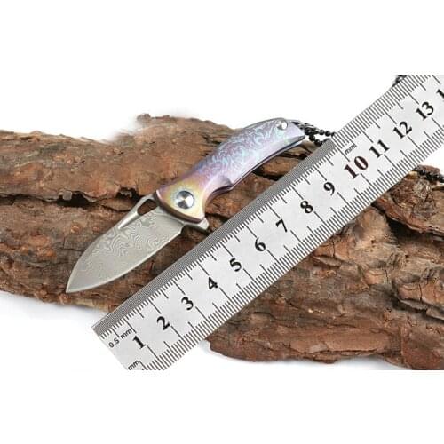 Damascus Folding Knife Pocket Titanium Alloy Handle Keychain Mini Knife Outdoor Camping Necklace Knife Hand Tool