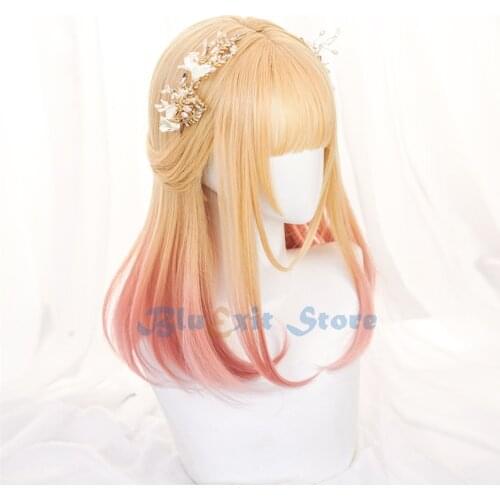 Gradient Golden Pink Lolita Wig Harajuku Fairy Cute Long Straight Bangs Synthetic Hair Adult Sweet Girls Youtuber Daily Wear 504