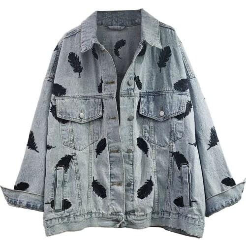 2021 new heavy industry embroidery feather pattern loose and thin bf denim jacket womens plus size top all-match trend