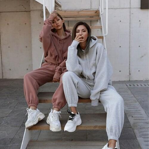 Zoulv Two-piece Solid Color Hoodie Womens Fleece Drawstring Sportswear Thick Warm Hooded Pullover Jogging Pants Suit Winter