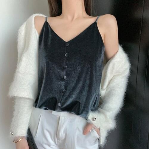 Autumn Winter Womens V-neck Tank Tops Female Velour Buttons Camisole Sleeveless Tee Shirts Women