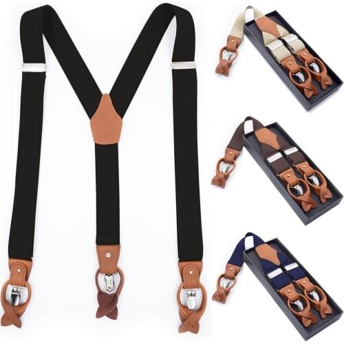Mens Genuine Leather Suspenders Heavy Duty Big and Tall Adjustable Elastic Wedding Party Event Tuxedo Trouser Braces Strap Belt