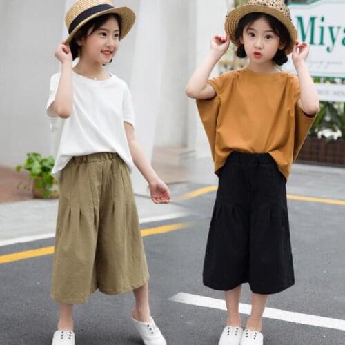 Casual Summer Big Girls Clothing Sets Short Batwing Sleeve T Shirts+Wide Leg Pants 2 Pcs Suit Childrens Kids Clothes Set JW3582