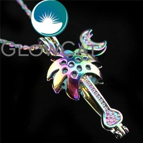 R-C450 Rainbow Color Moon Coconut Tree Beads Cage Pendant Aromatherapy Perfume Diffuser Pearl Cage Locket Necklace