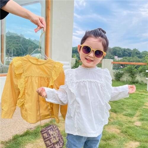 Baby Girl Shirt 2021 Autumn New Korean Style Girl Sweet Princess Style Lace Flounced Sleeve Fashionable Blouse