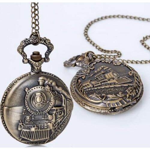 Vintage Bronze antiques train pattern quartz pendant steampunk Necklace pocket watches gift