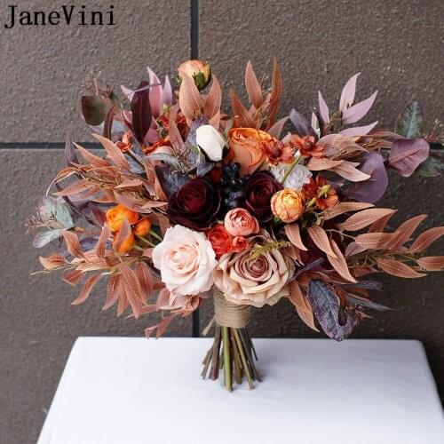 JaneVini Retro Withered Yellow Leaves Bride Wedding Bouquet Artificial Flowers Bruid Silk Rose Bridal Bouquets Photography Props