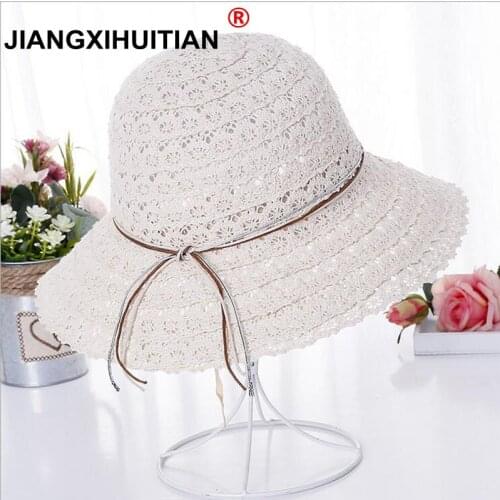 2018 New Bowknot Summer Womens Foldable Wide Large Brim Elegant Sun Hat Ladies Lace Hollow Straw Beach Caps