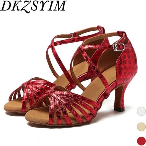 DKZSYIM Women Latin Dance Shoes High Heels Red/Gold Tango/Salsa Dancing Sandals Shiny Ballroom Perform Dance Shoes Wave Point