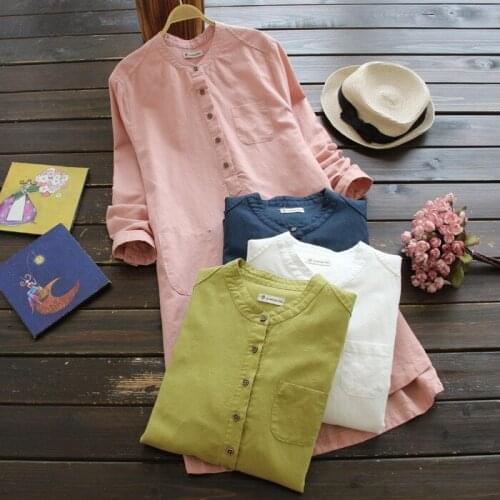 Big Size Autumn New Blouse Women Japan Style Loose Cotton Dress Stand Collar pocket Long Sleeve Solid Cotton Linen O-Neck Dress