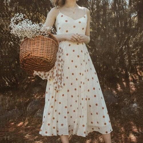 Polka Dot Pleated Dress 2021 Summer Camisole Sleeveless V Neck High Waist Long Dresses Femme Chic Casual Vintage Elegant Vestido
